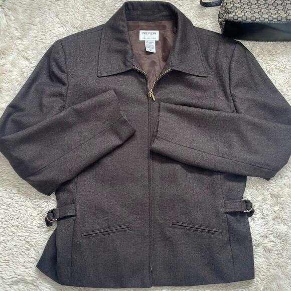 Vintage Preview Collection Brown Worsted Wool Utility Jacket Lined Brass Buckle - Picture 3 of 9